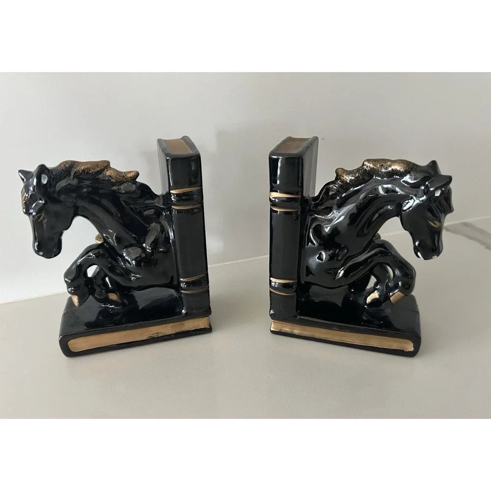 Vtg Horse bookends Pen Holder Black W/ Gold Accents Japan Equestrian